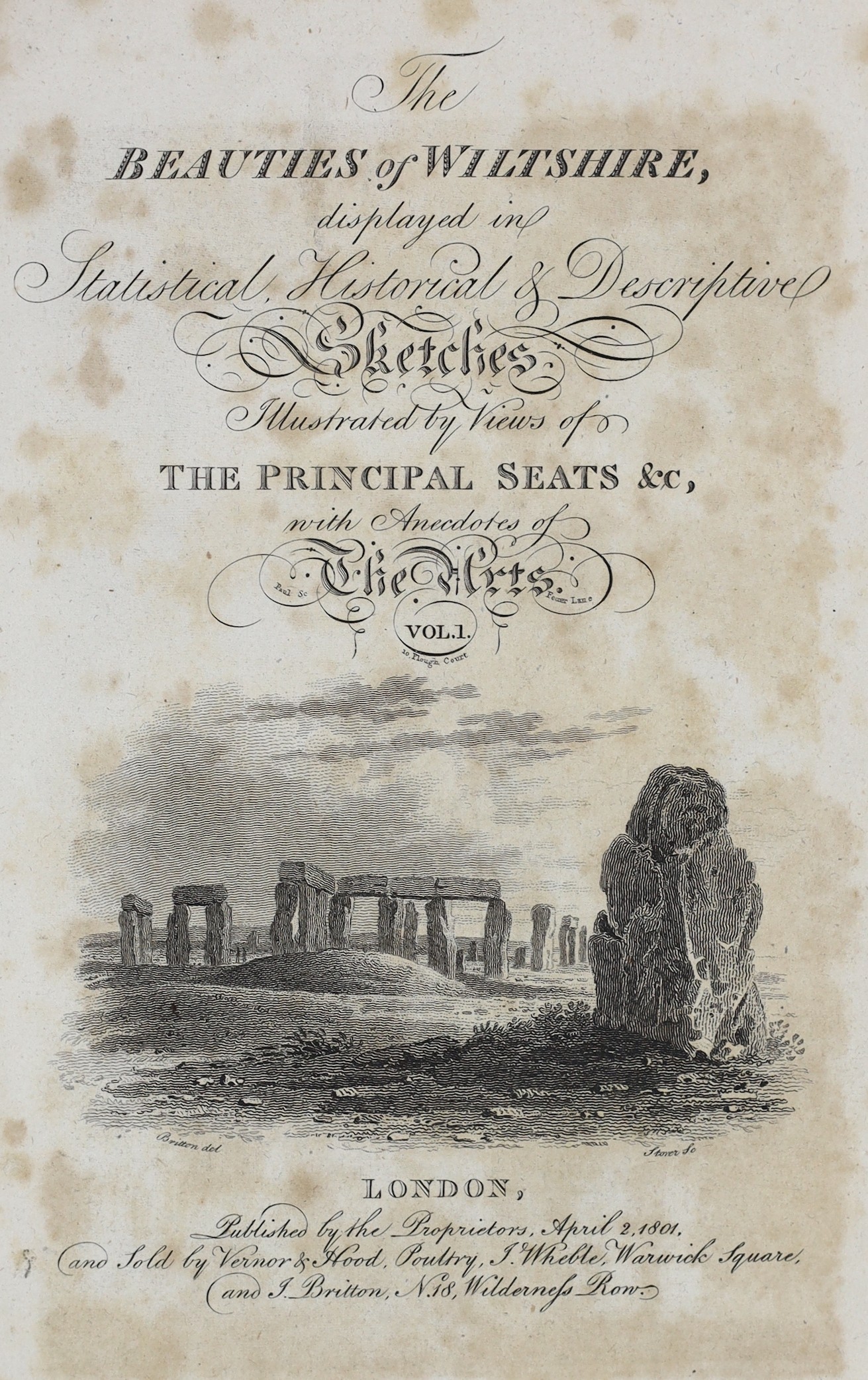 WILTS: (Britton, John) The Beauties of Wiltshire ... interspersed with anecdotes of the arts. 2 vols. engraved pictorial and printed titles, 14 plates; contemp. half calf and marbled boards, gilt-panelled spines and marb